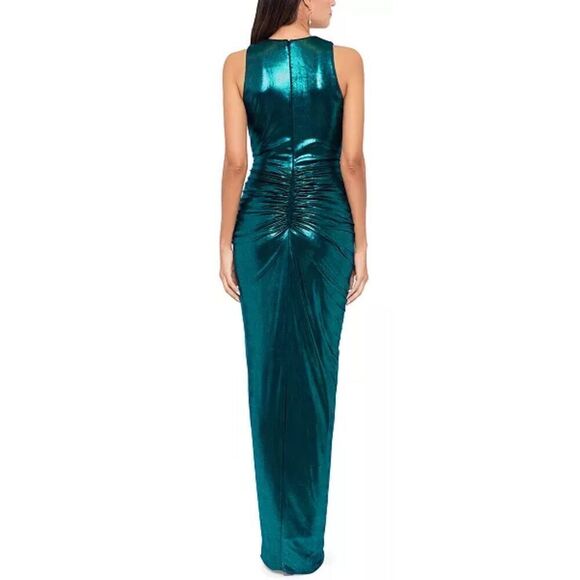 Betsy & Adam Women's Metallic Ruched Ruffled Gown in Green NWT Size 8 - Picture 2 of 8